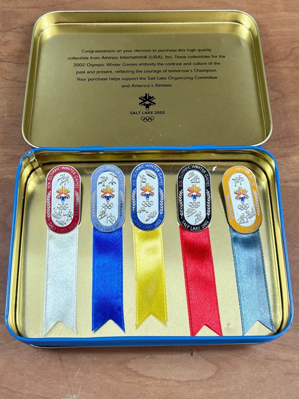 RARE Vintage 2002 Salt Lake City Winter Olympics 5-Pin Ribbon Set n Gold Tin Box